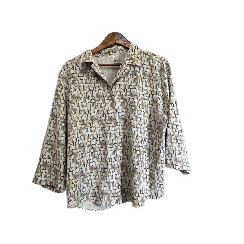 Christopher & Banks Button Up Shirt Womens XL Grey Tan‎ Abstract 3/4 Sleeve Top